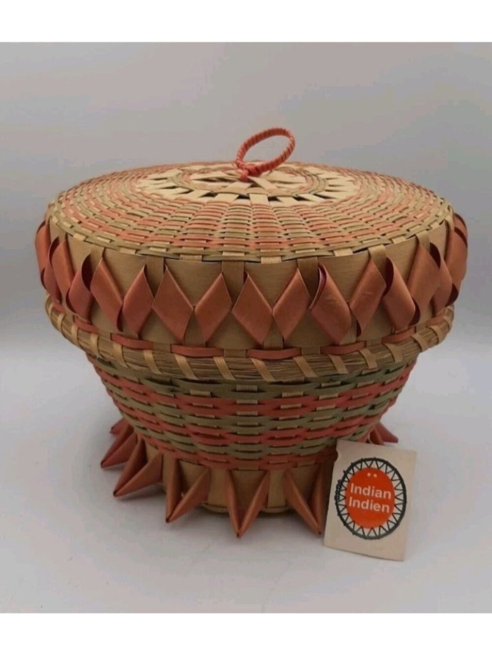 Vintage Mic Mac Indian Co-op Basket With Lid Government Of Canada Certified Tag